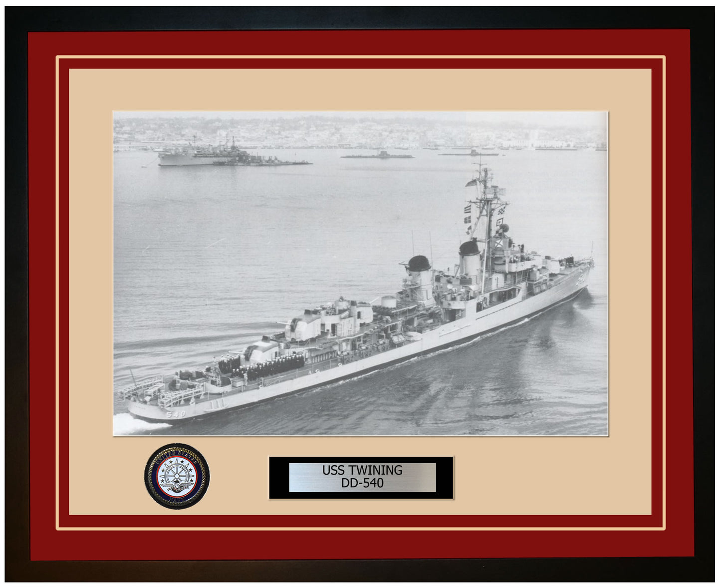 USS TWINING DD-540 Framed Navy Ship Photo Burgundy