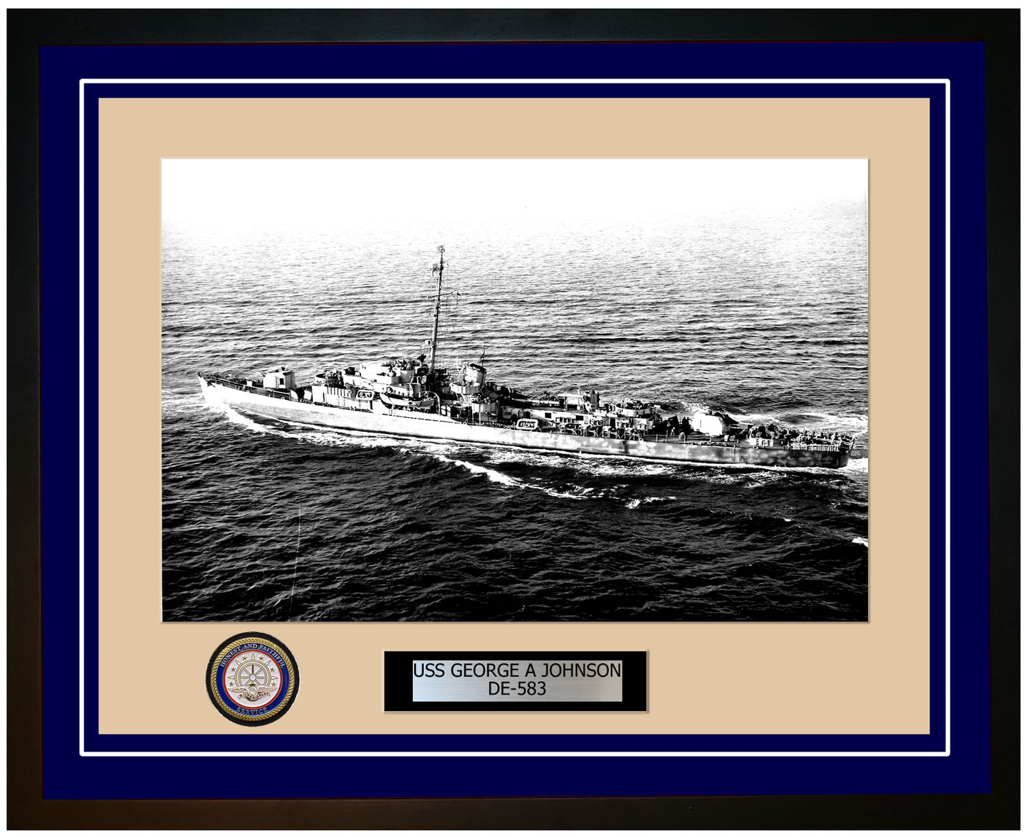 USS George A Johnson DE-583 Framed Navy Ship Photo Blue