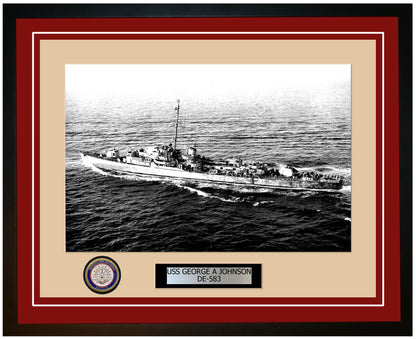 USS George A Johnson DE-583 Framed Navy Ship Photo Burgundy