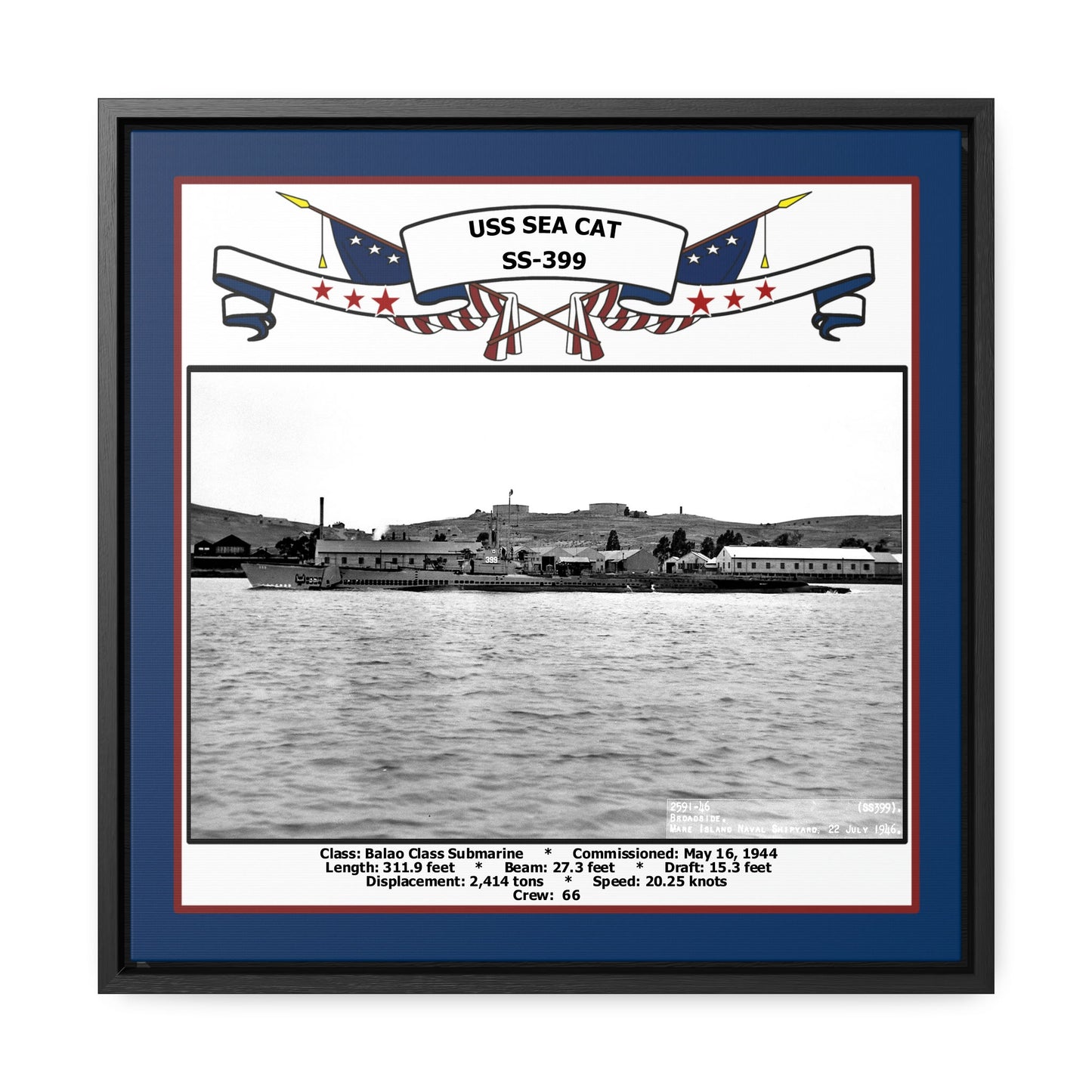 USS Sea Cat SS-399 Navy Floating Frame Photo Front View