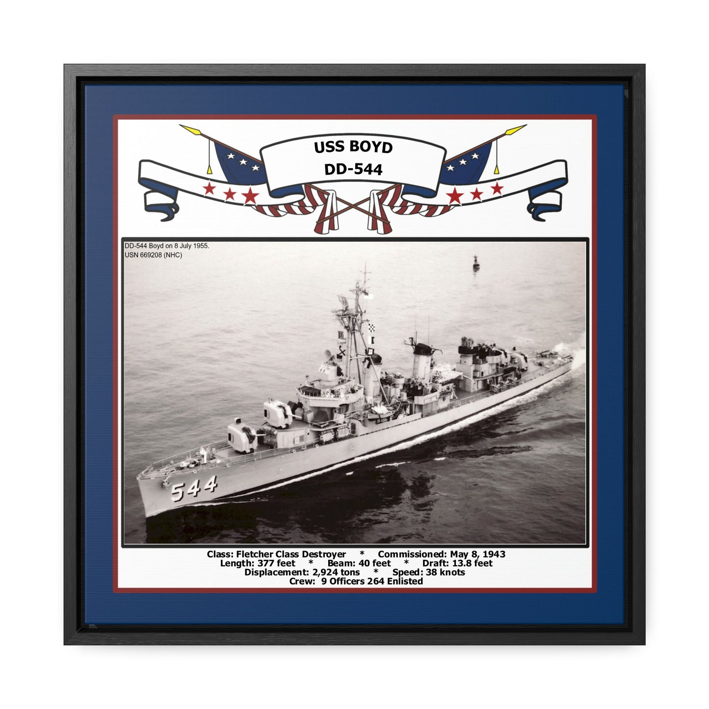 USS Boyd DD-544 Navy Floating Frame Photo Front View