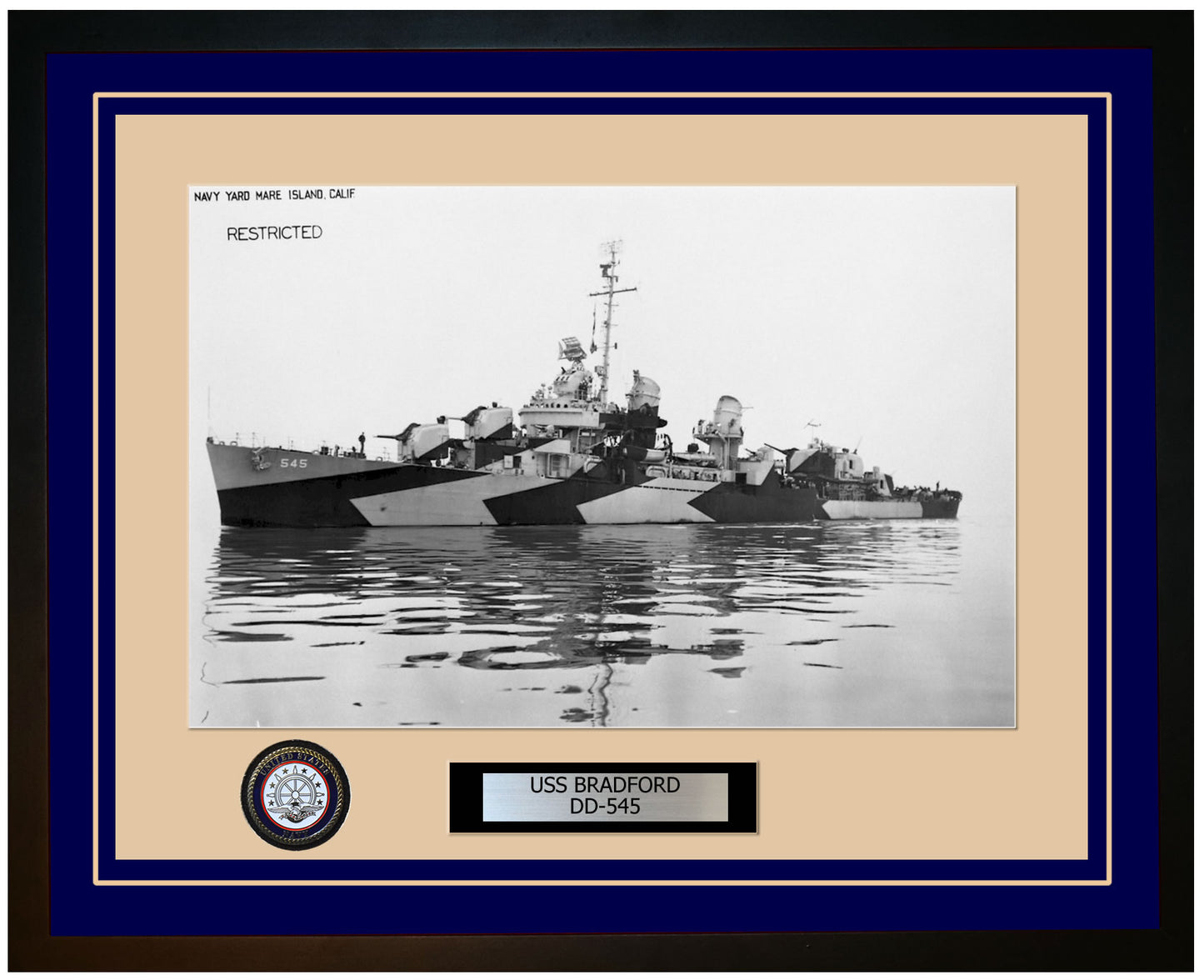 USS BRADFORD DD-545 Framed Navy Ship Photo Blue