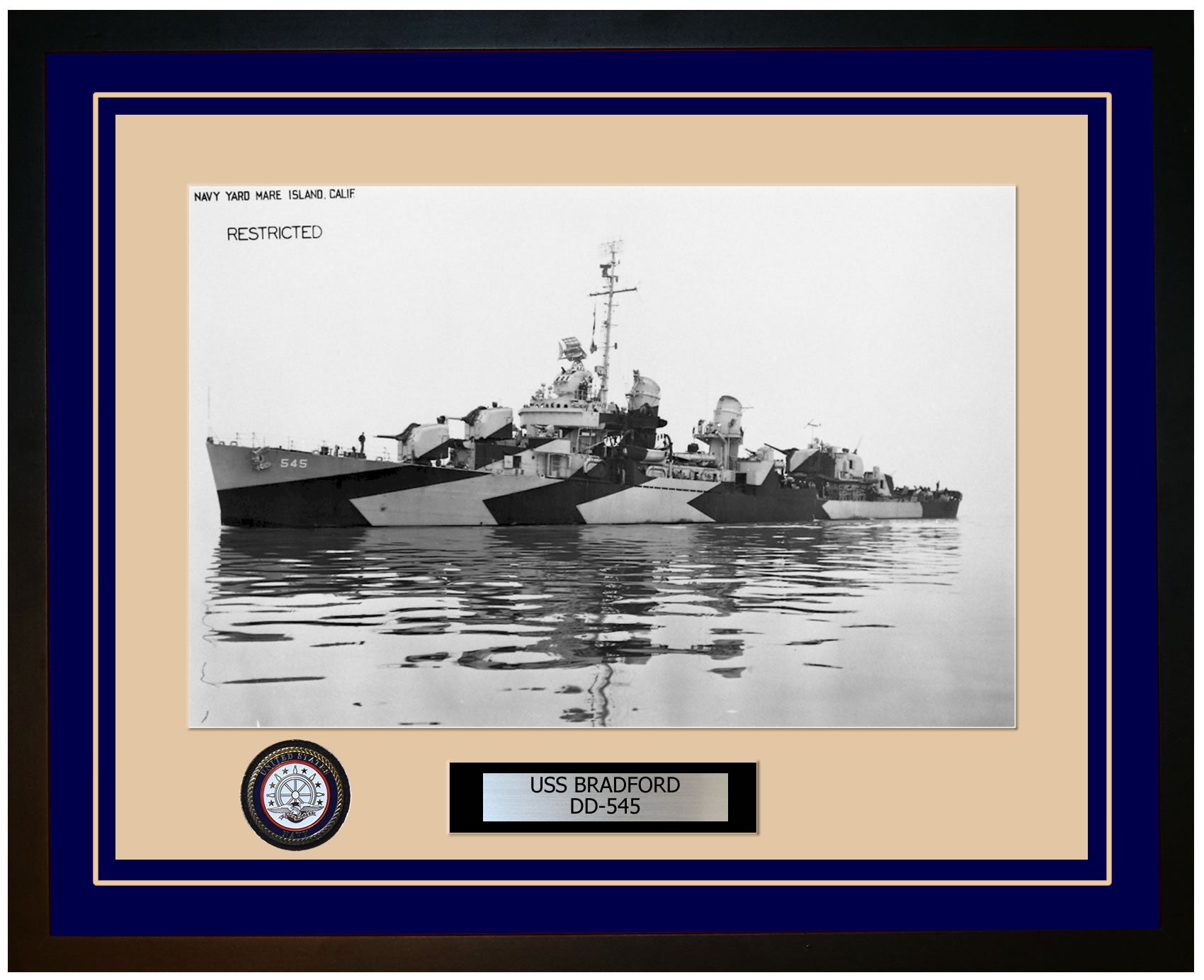 USS BRADFORD DD-545 Framed Navy Ship Photo Blue
