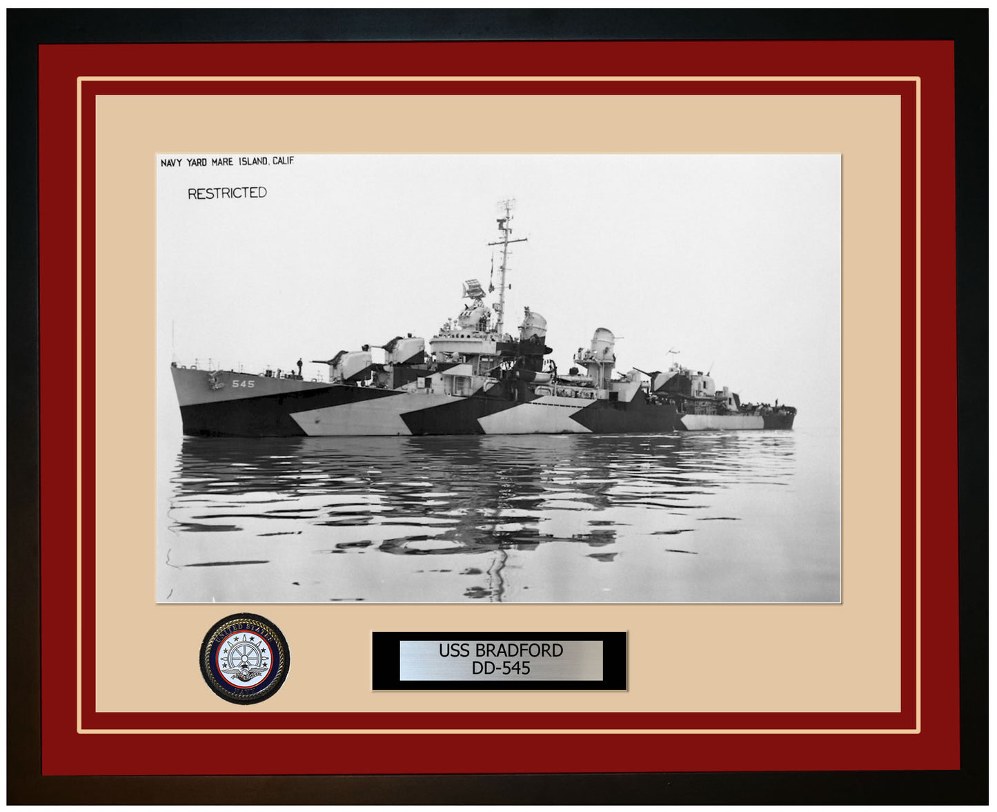 USS BRADFORD DD-545 Framed Navy Ship Photo Burgundy