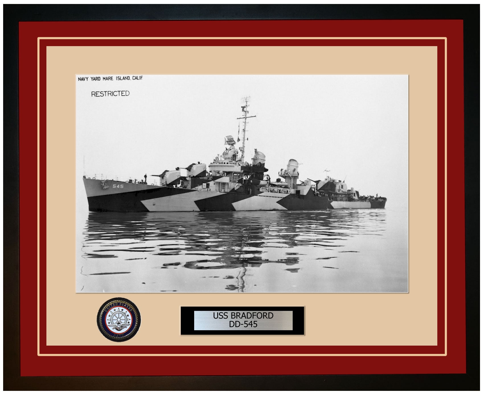USS BRADFORD DD-545 Framed Navy Ship Photo Burgundy