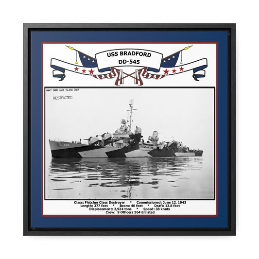 USS Bradford DD-545 Navy Floating Frame Photo Front View