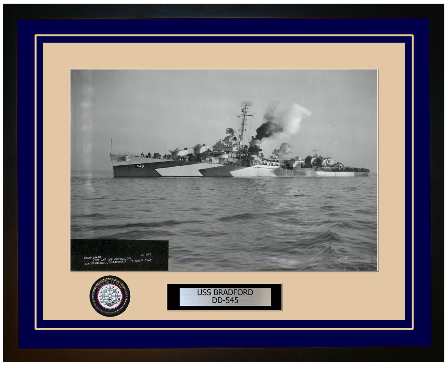 USS BRADFORD DD-545 Framed Navy Ship Photo Blue