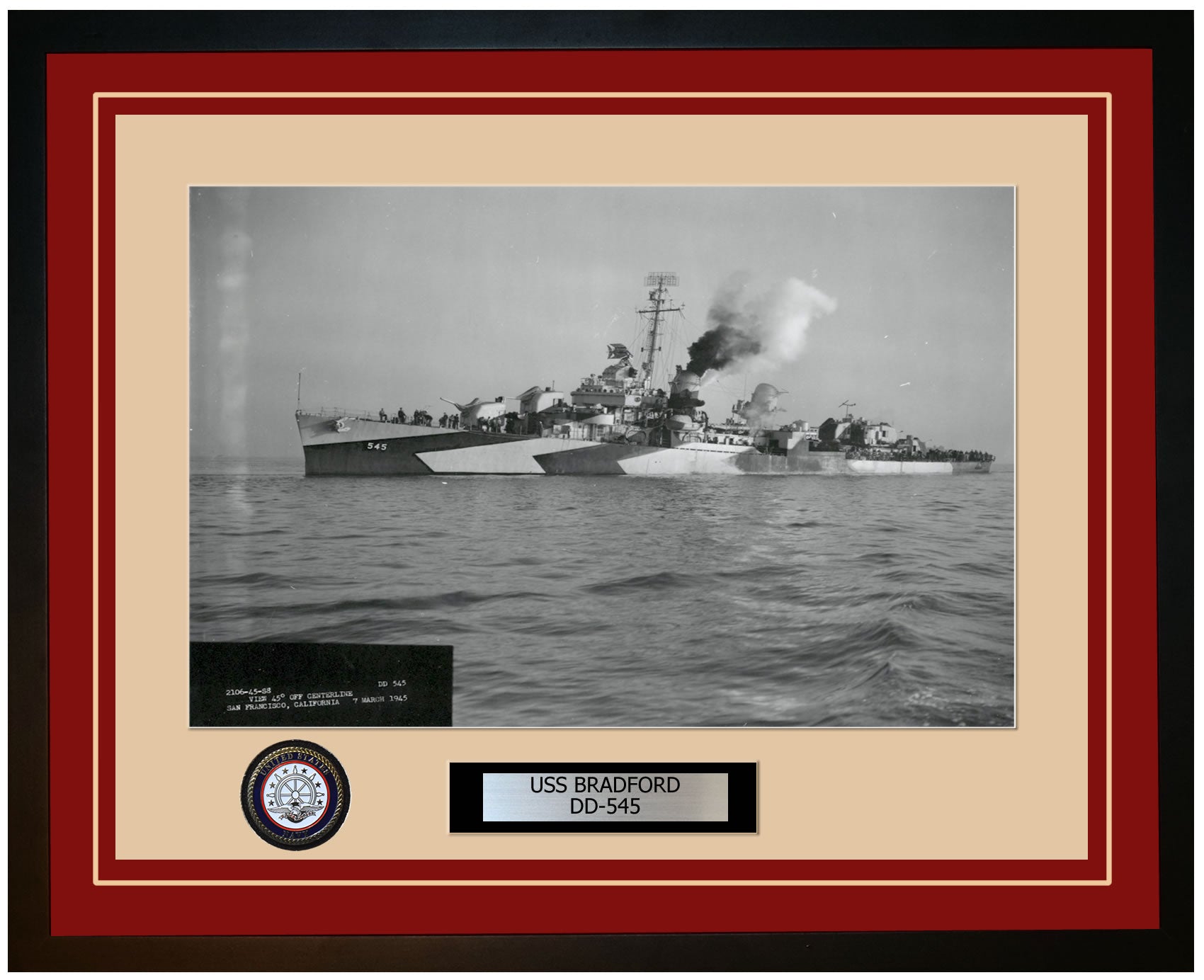USS BRADFORD DD-545 Framed Navy Ship Photo Burgundy