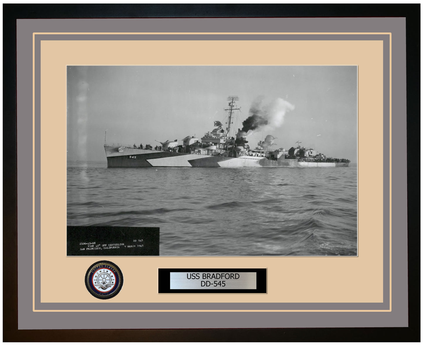 USS BRADFORD DD-545 Framed Navy Ship Photo Grey