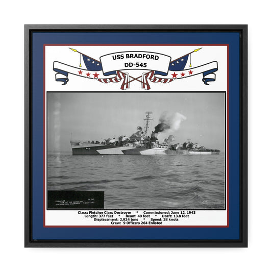 USS Bradford DD-545 Navy Floating Frame Photo Front View