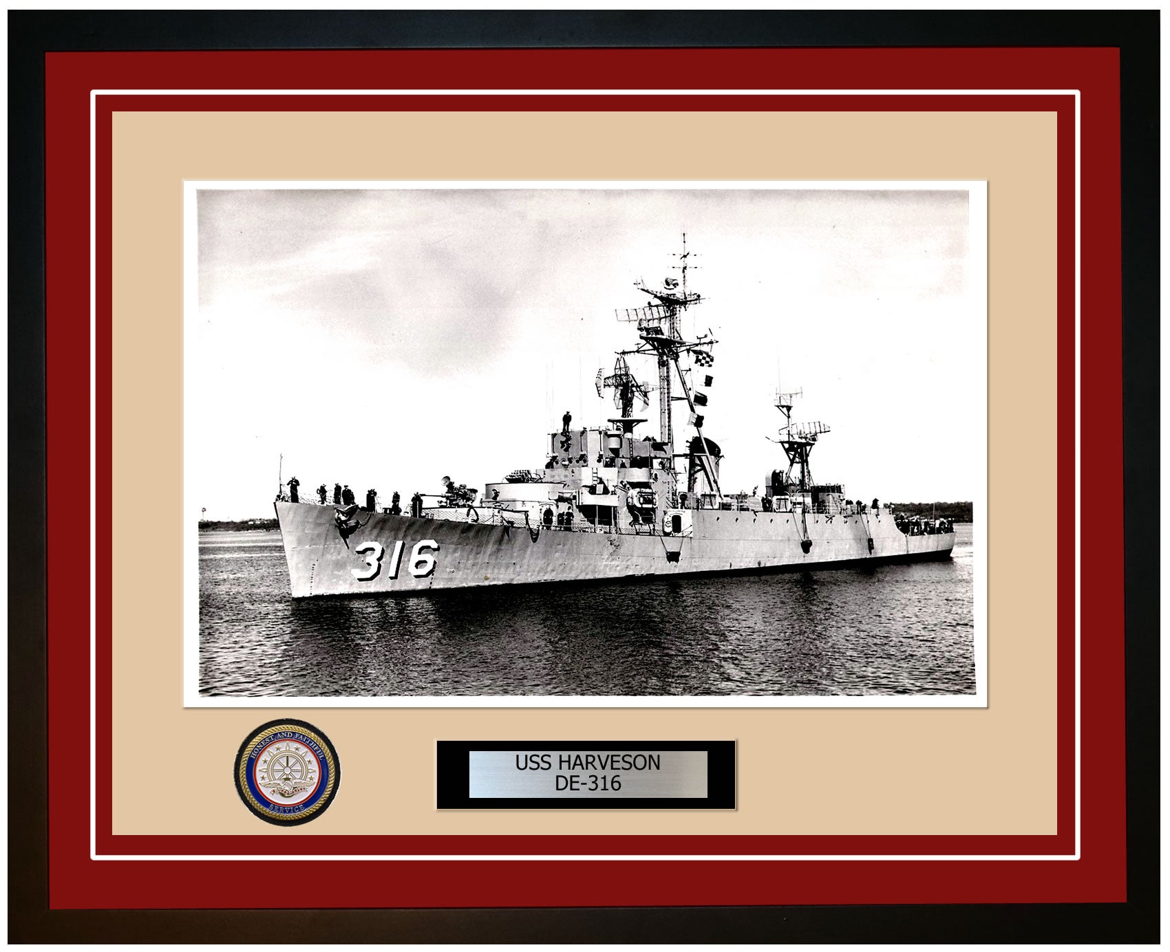 USS Harveson DE-316 Framed Navy Ship Photo Burgundy