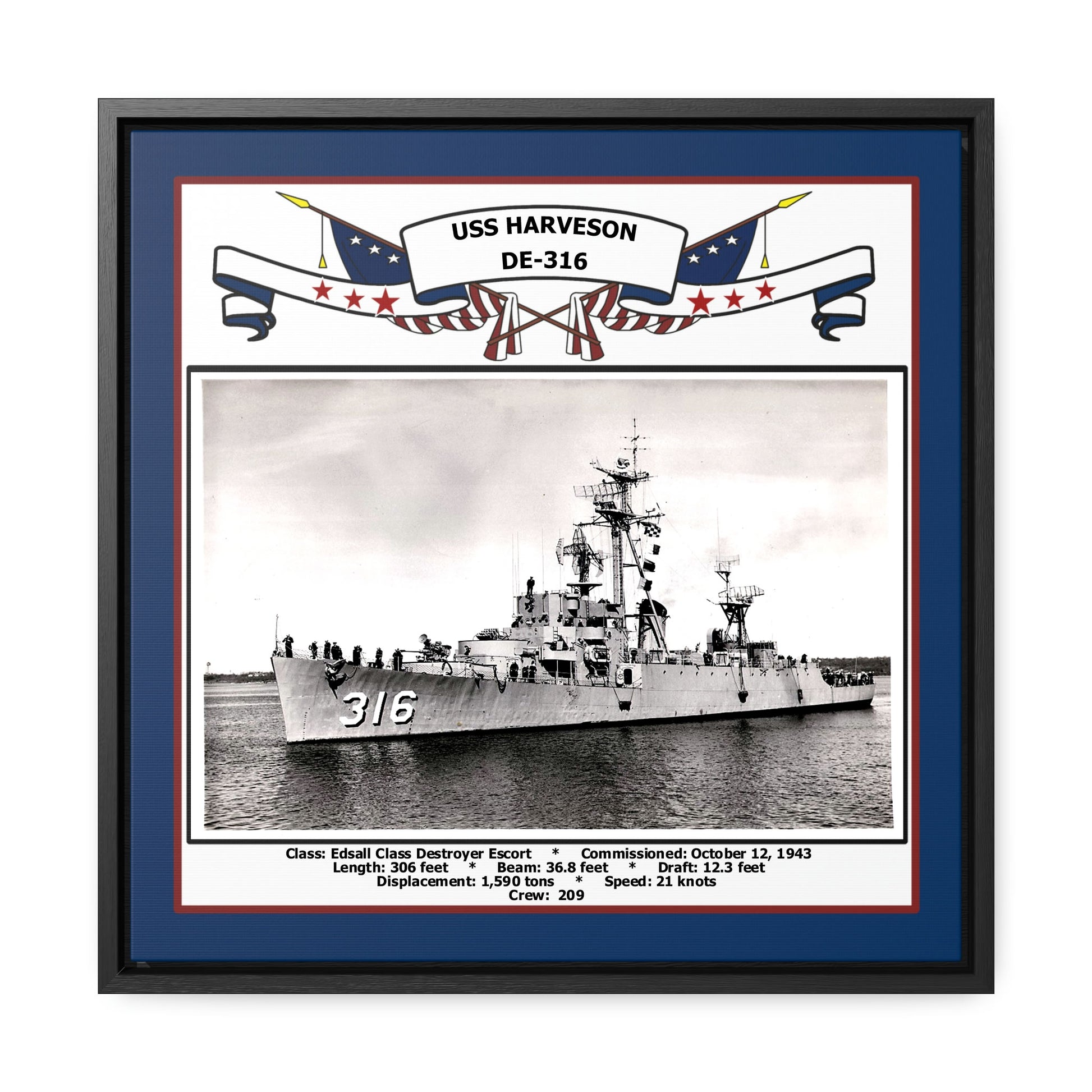 USS Harveson DE-316 Navy Floating Frame Photo Front View