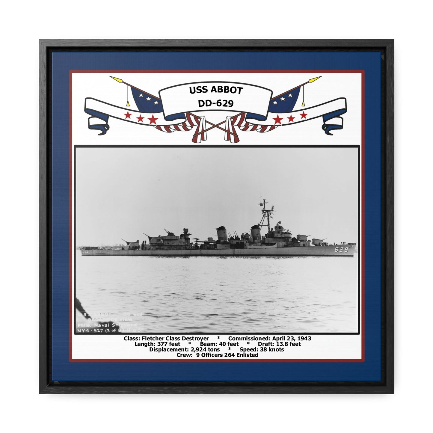 USS Abbot DD-629 Navy Floating Frame Photo Front View