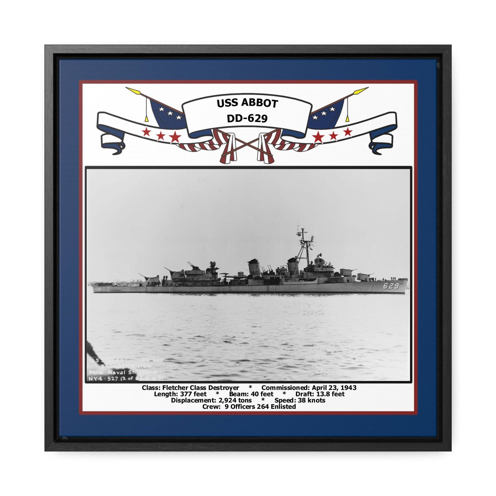 USS Abbot DD-629 Navy Floating Frame Photo Front View