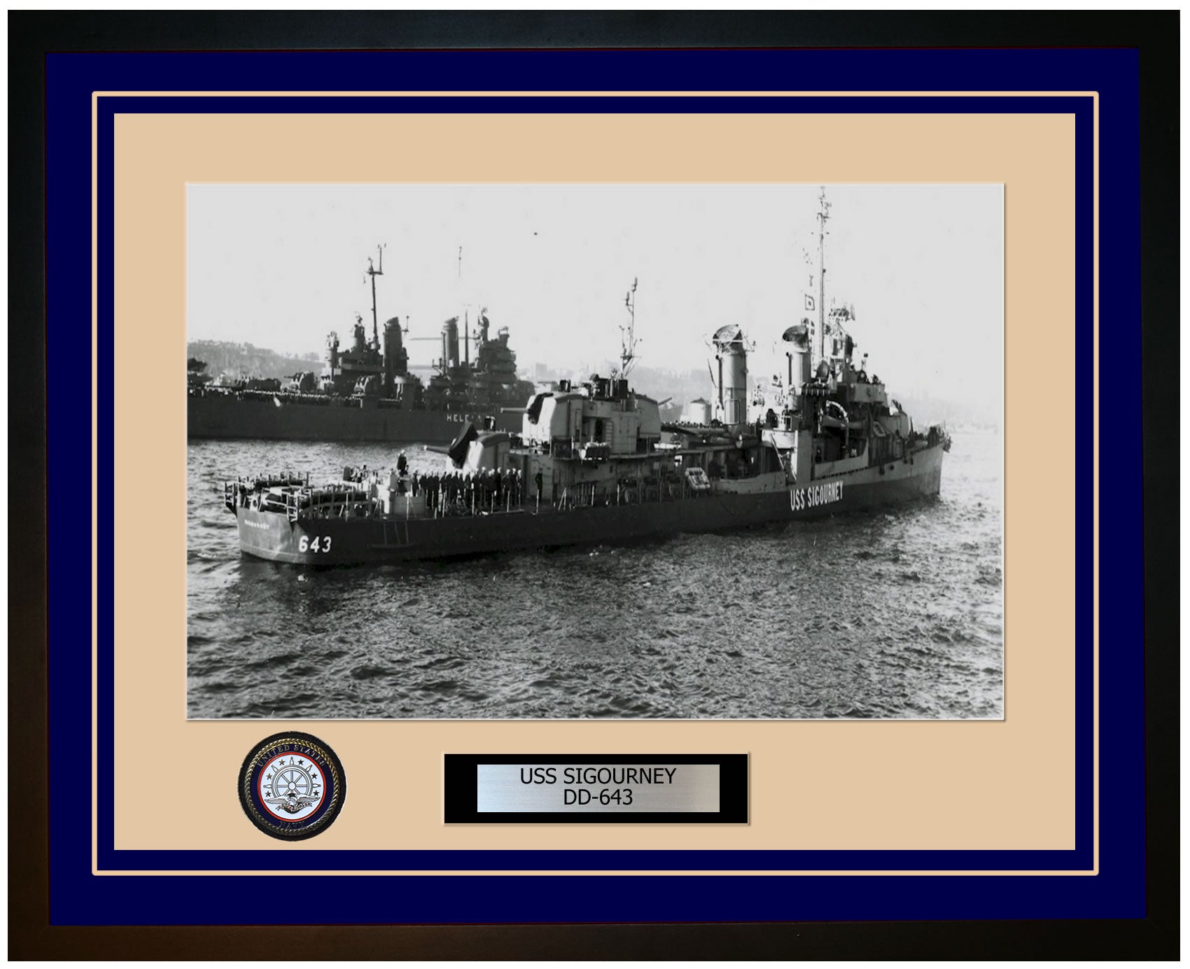 USS SIGOURNEY DD-643 Framed Navy Ship Photo Blue