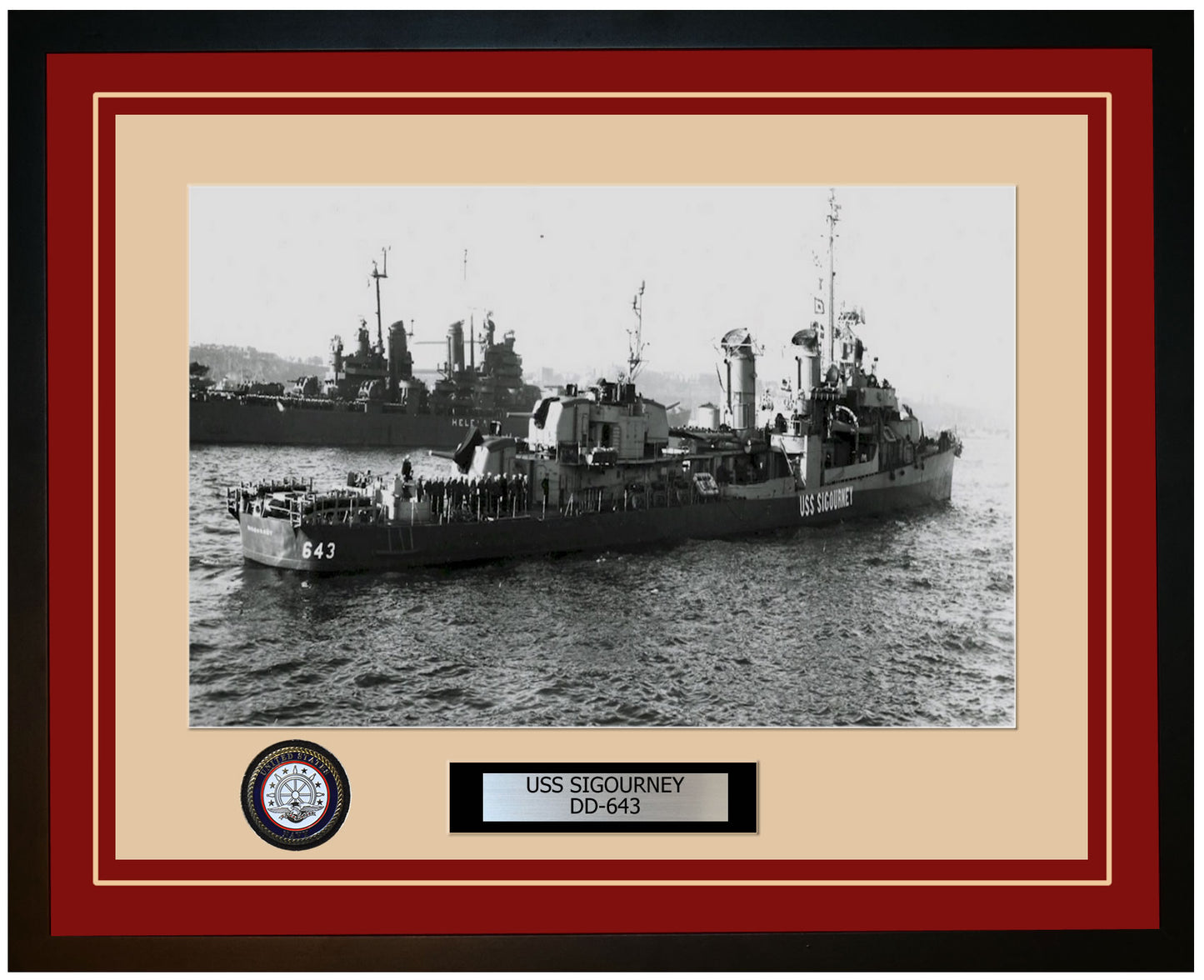 USS SIGOURNEY DD-643 Framed Navy Ship Photo Burgundy