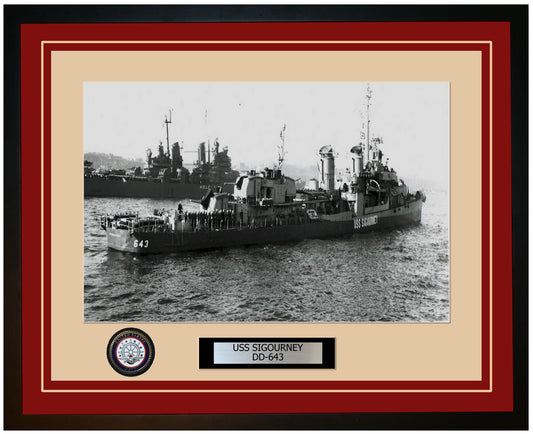 USS SIGOURNEY DD-643 Framed Navy Ship Photo Burgundy