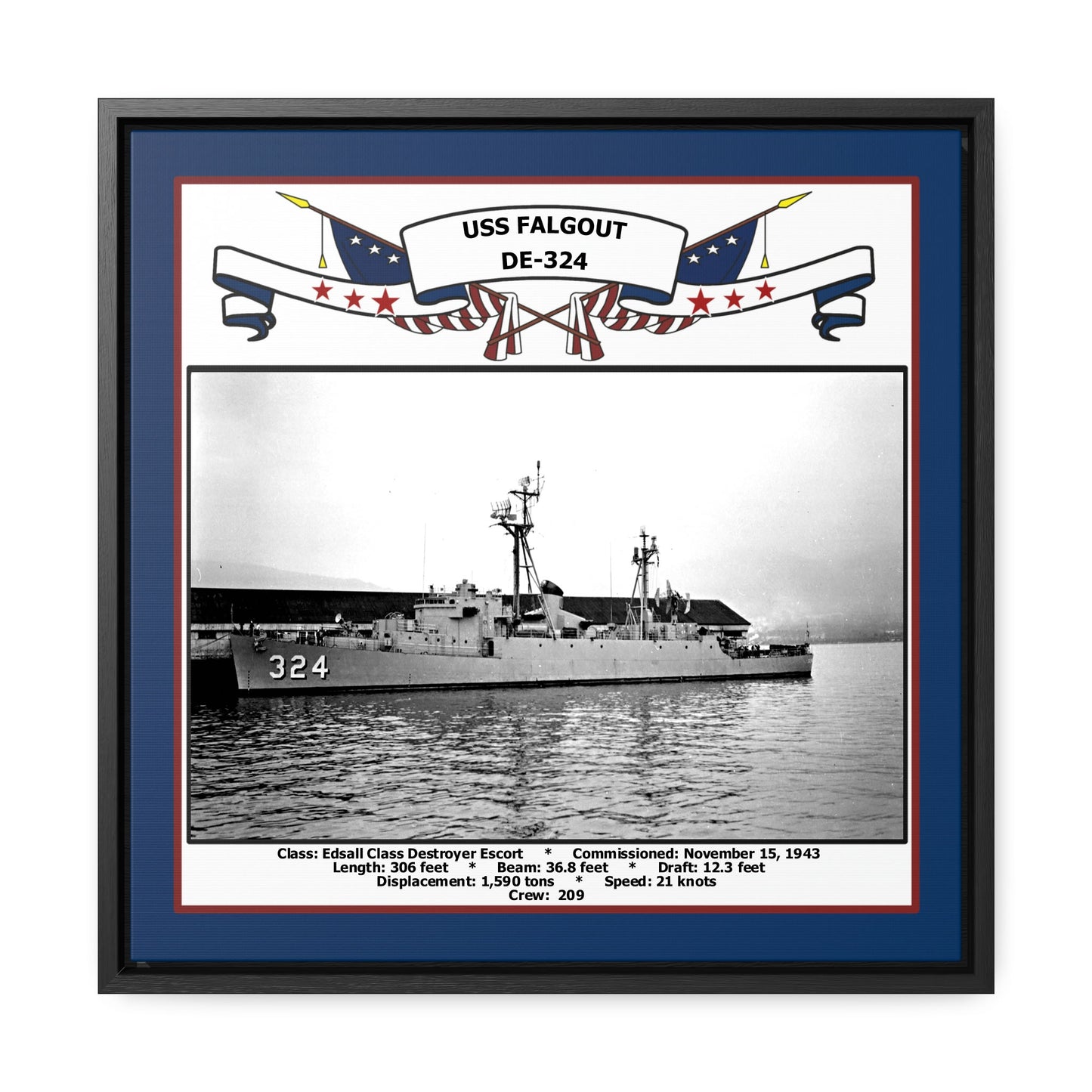 USS Falgout DE-324 Navy Floating Frame Photo Front View