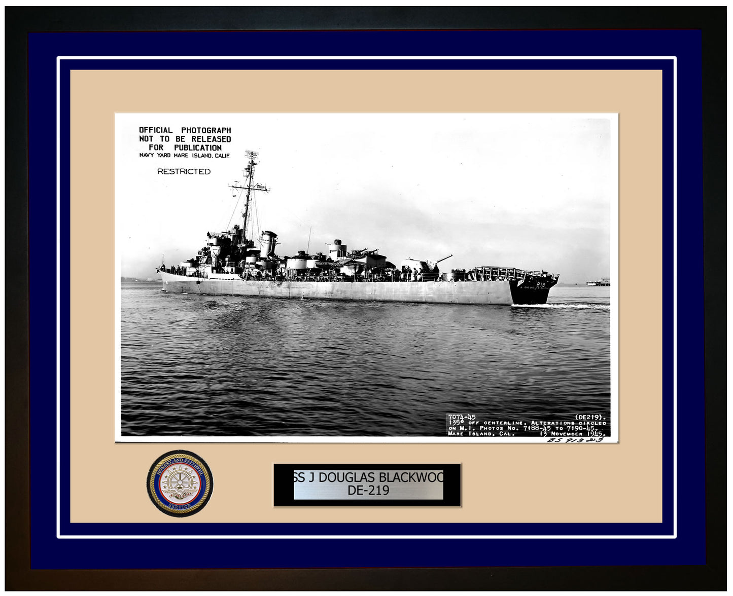USS J Douglas Blackwood DE-219 Framed Navy Ship Photo Blue