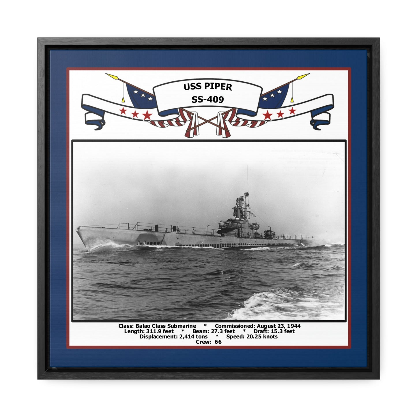 USS Piper SS-409 Navy Floating Frame Photo Front View