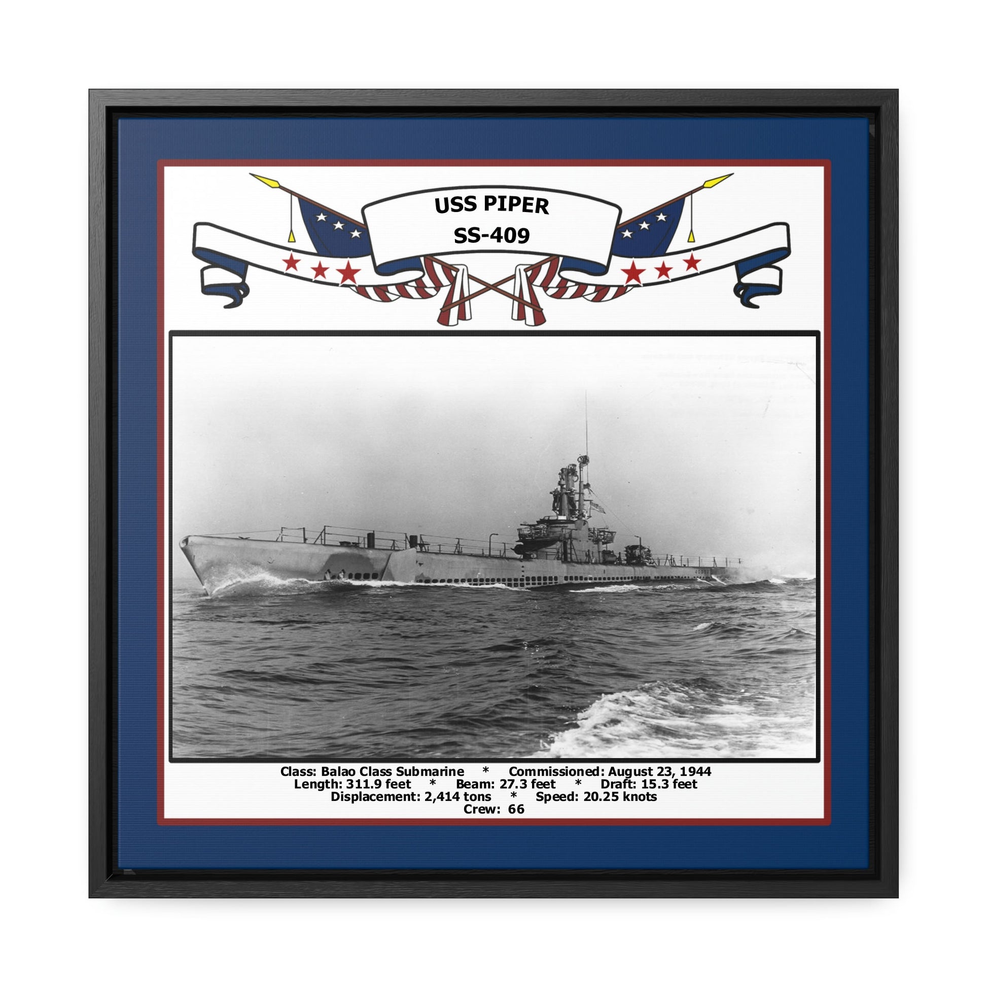 USS Piper SS-409 Navy Floating Frame Photo Front View