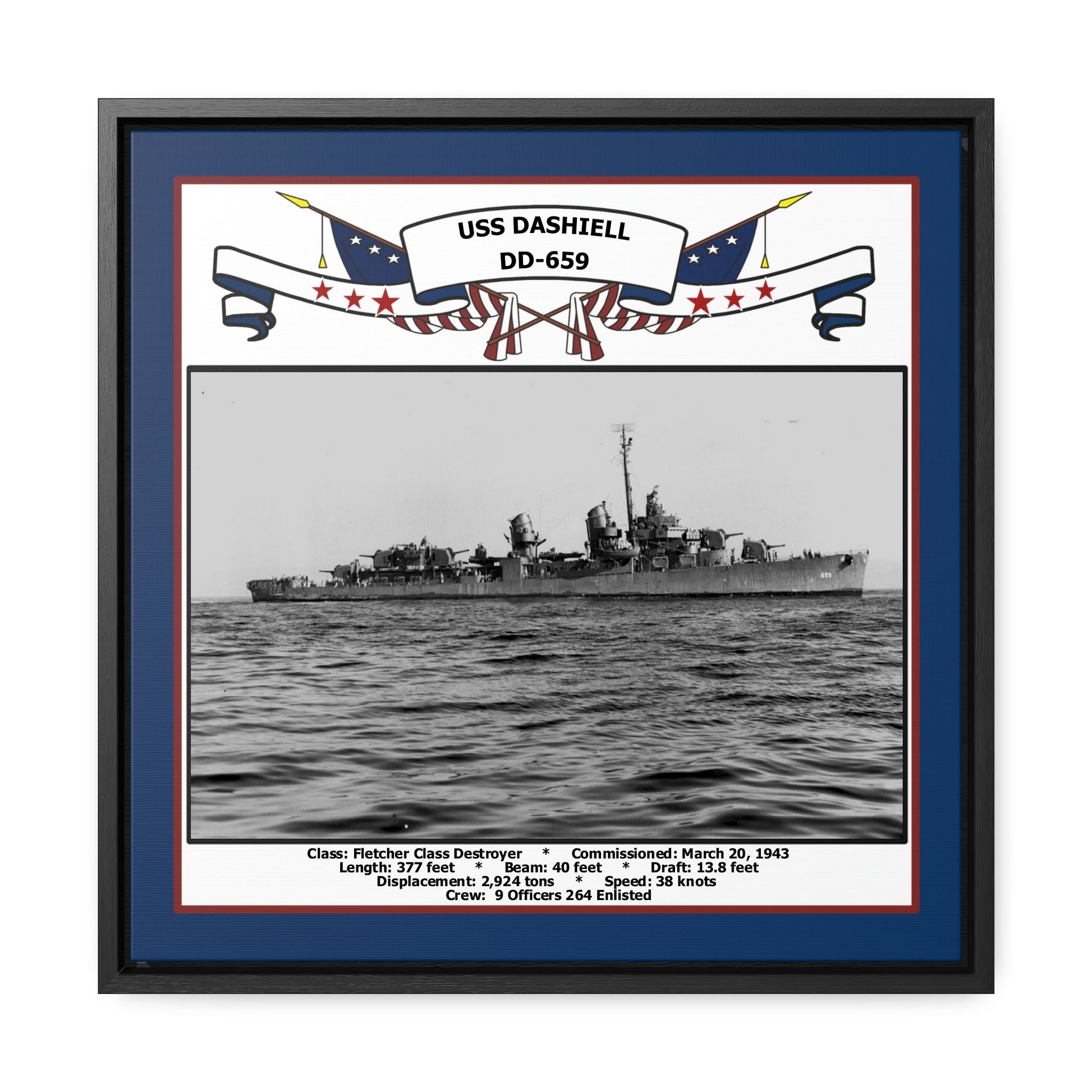 USS Dashiell DD-659 Navy Floating Frame Photo Front View