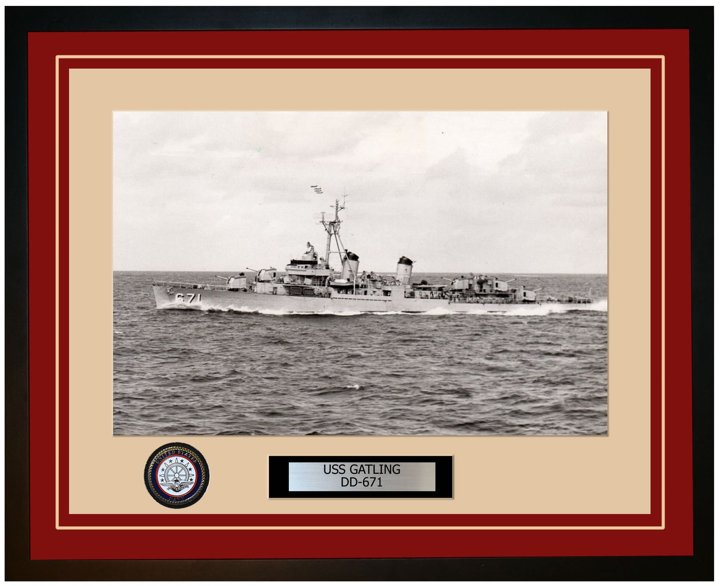 USS GATLING DD-671 Framed Navy Ship Photo Burgundy