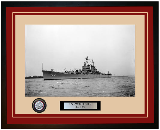 USS WORCESTER CL-144 Framed Navy Ship Photo Burgundy