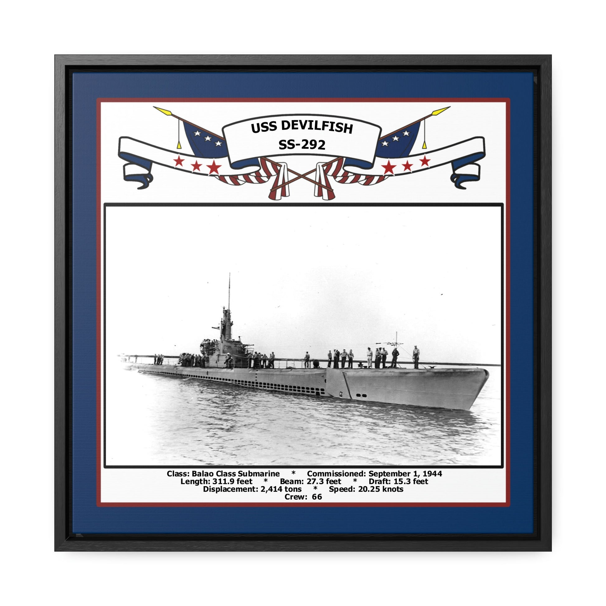 USS Devilfish SS-292 Navy Floating Frame Photo Front View