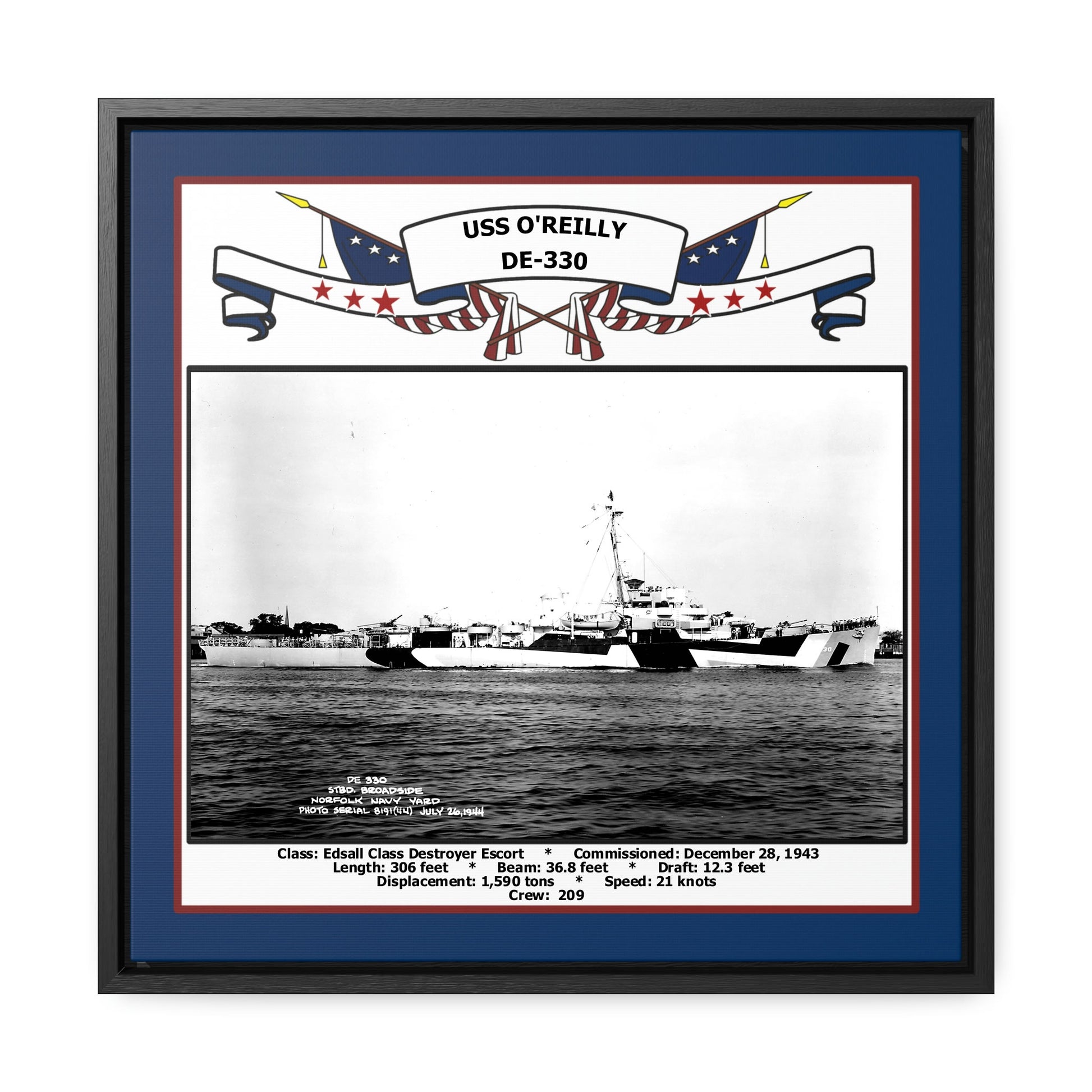 USS Oreilly DE-330 Navy Floating Frame Photo Front View