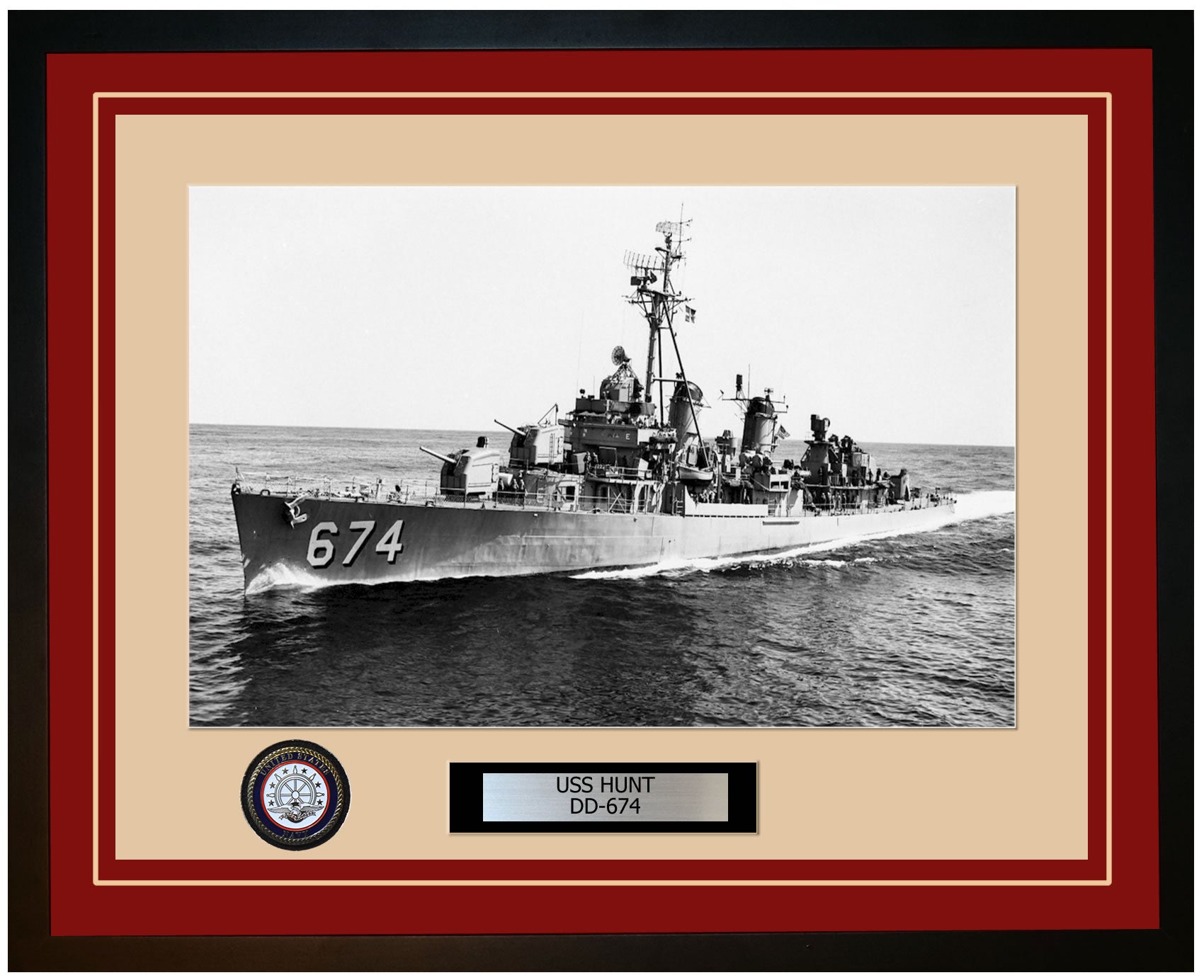 USS HUNT DD-674 Framed Navy Ship Photo Burgundy