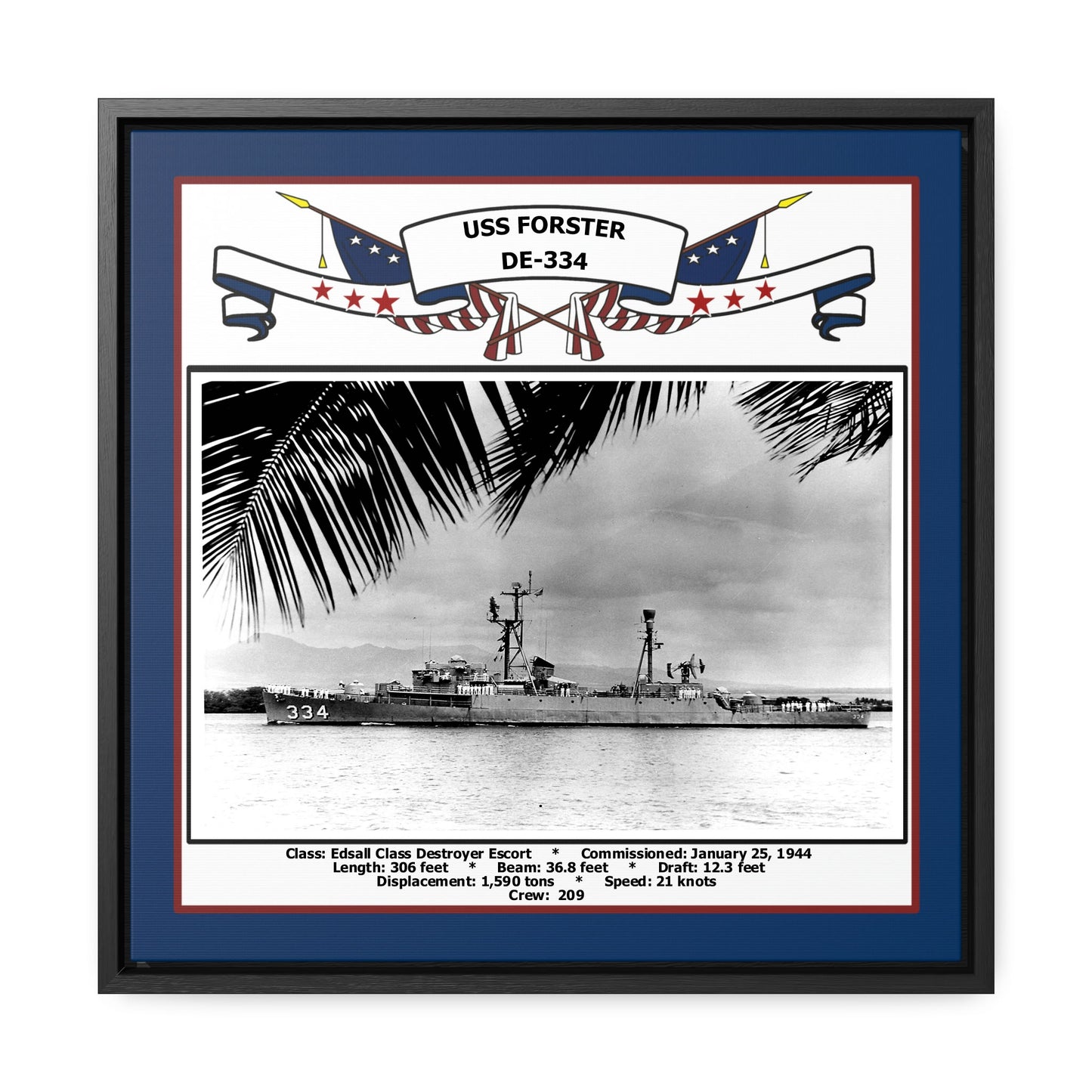 USS Forster DE-334 Navy Floating Frame Photo Front View