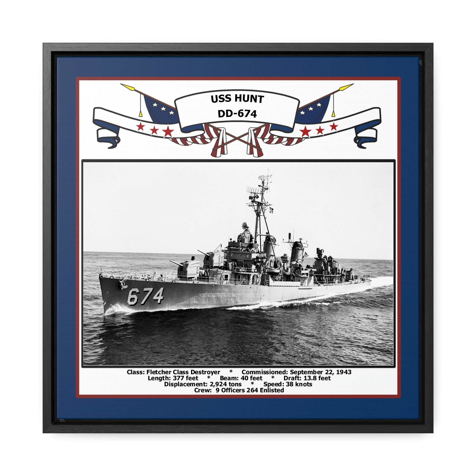 USS Hunt DD-674 Navy Floating Frame Photo Front View