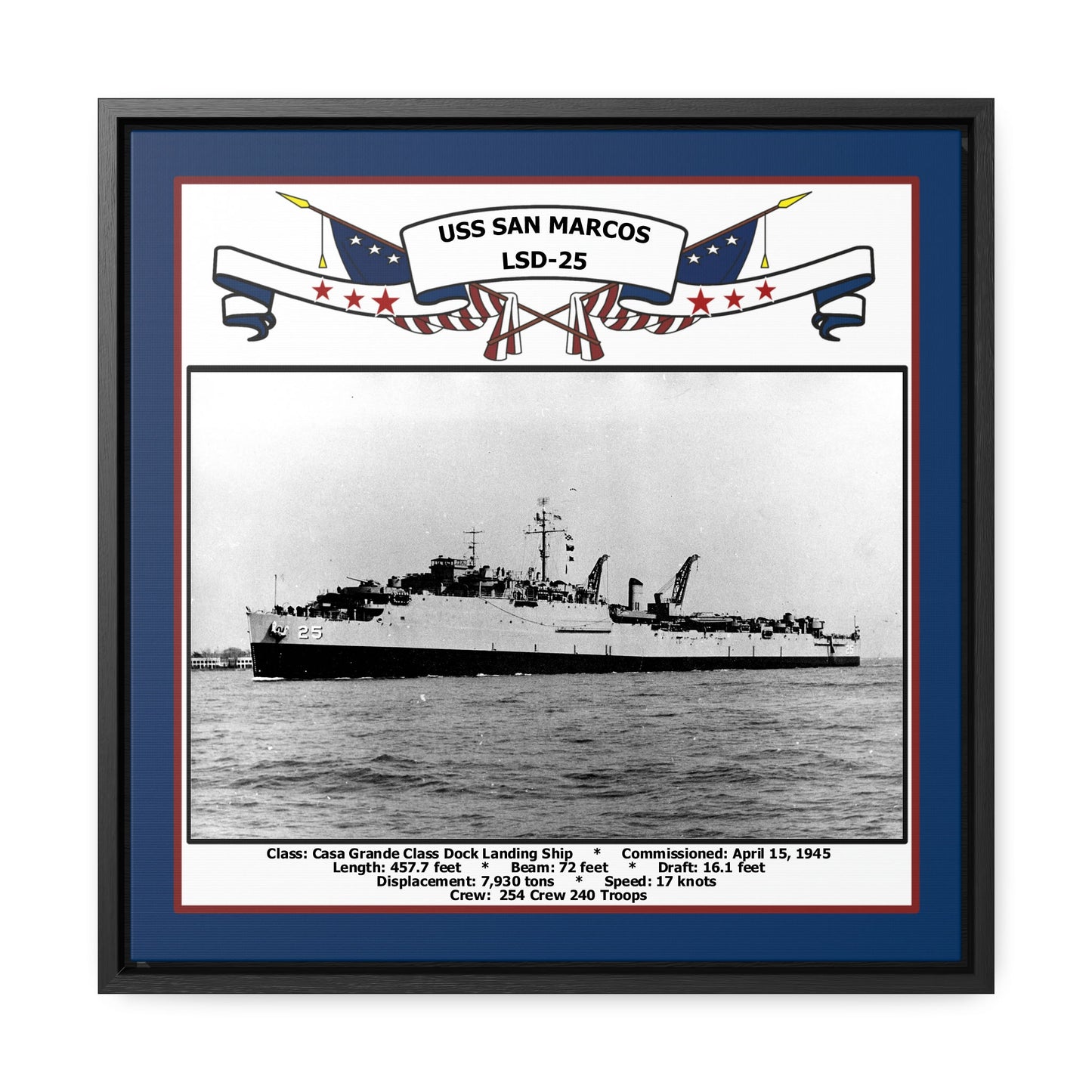 USS San Marcos LSD-25 Navy Floating Frame Photo Front View