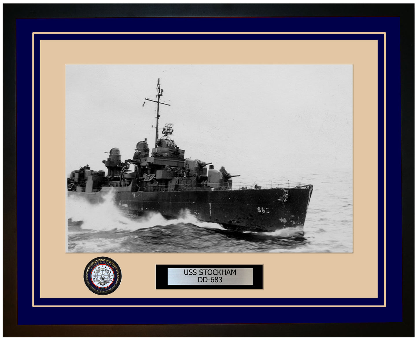 USS STOCKHAM DD-683 Framed Navy Ship Photo Blue