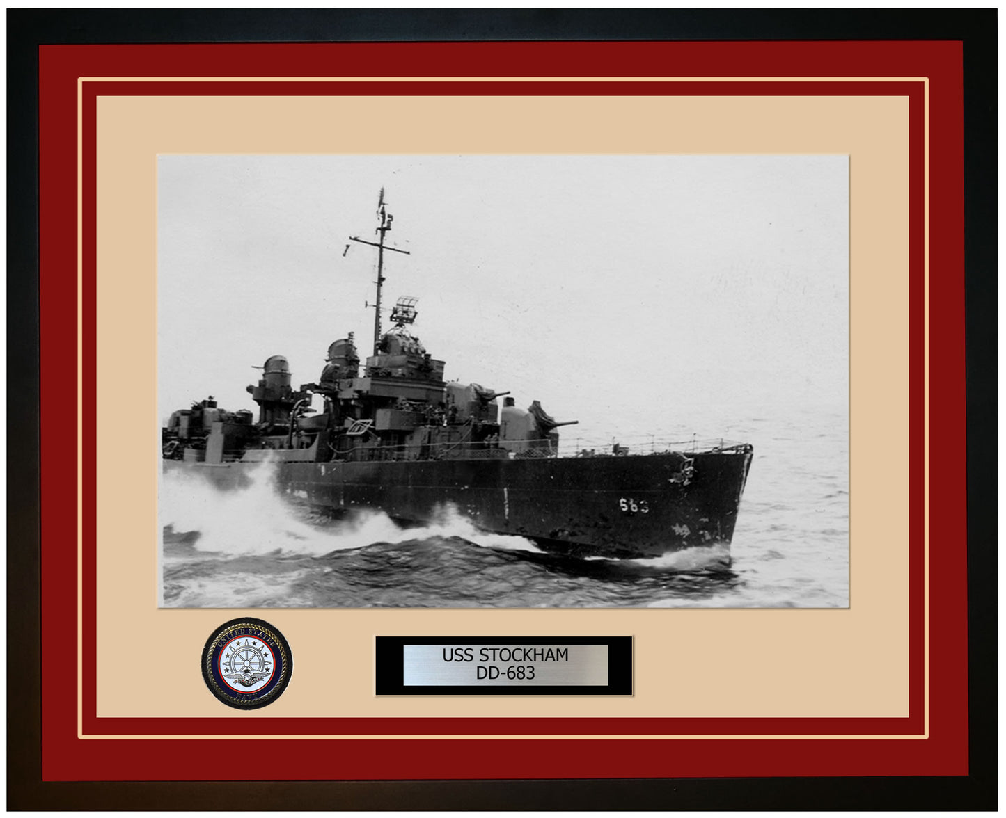 USS STOCKHAM DD-683 Framed Navy Ship Photo Burgundy