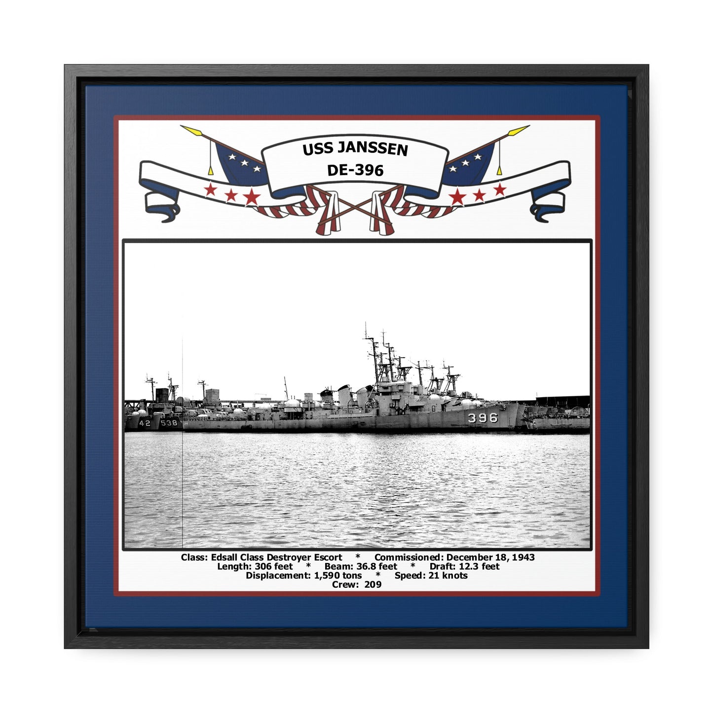 USS Janssen DE-396 Navy Floating Frame Photo Front View