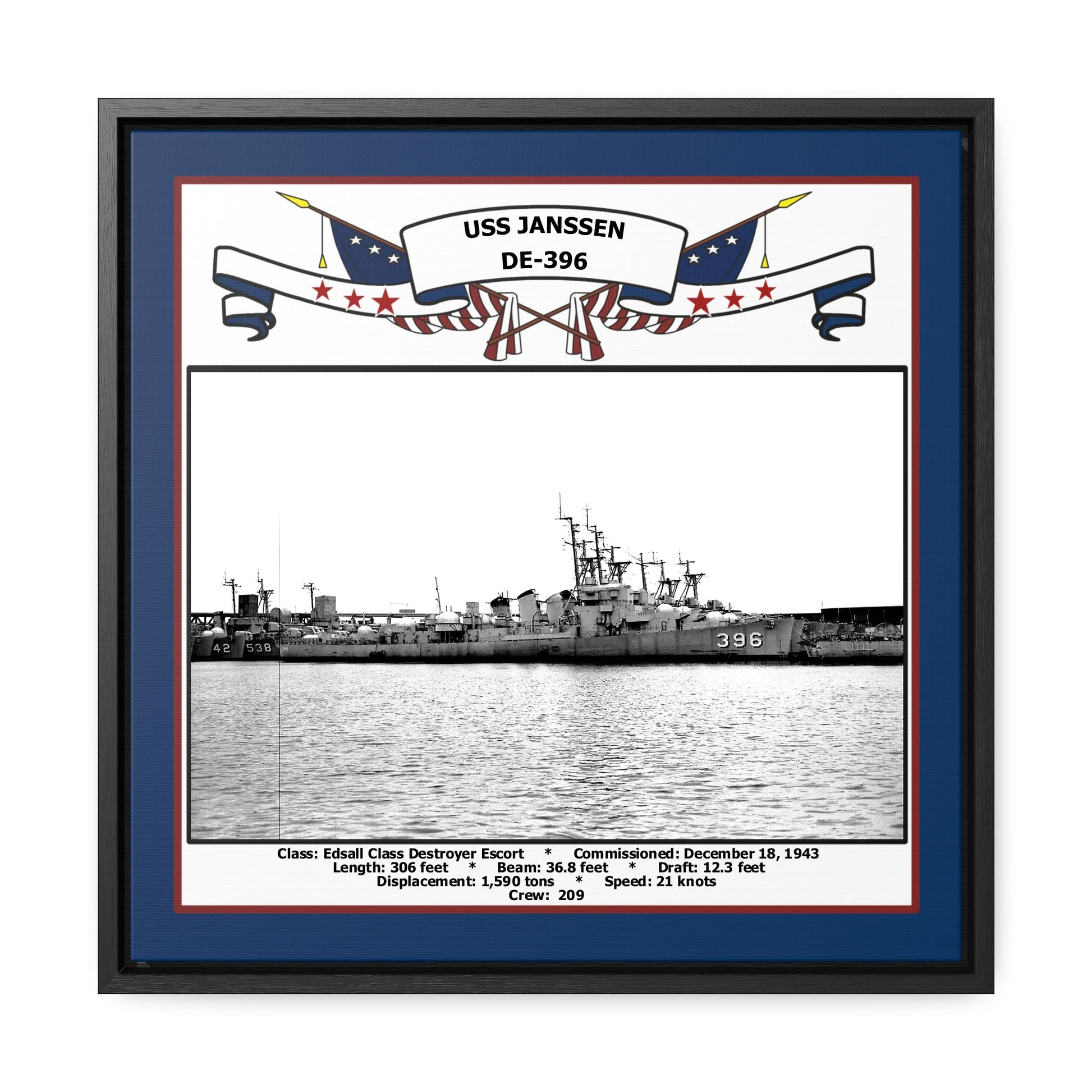 USS Janssen DE-396 Navy Floating Frame Photo Front View