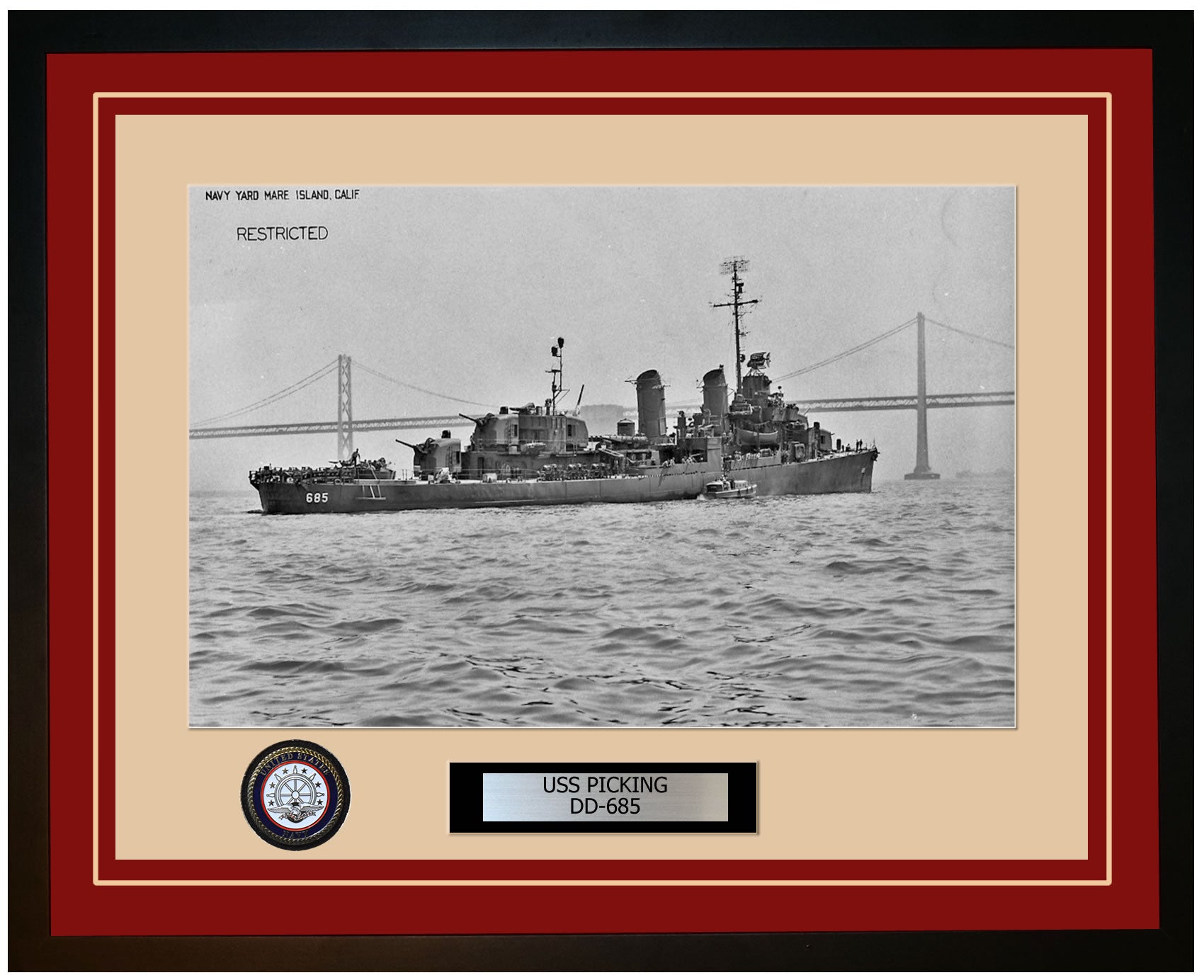 USS PICKING DD-685 Framed Navy Ship Photo Burgundy