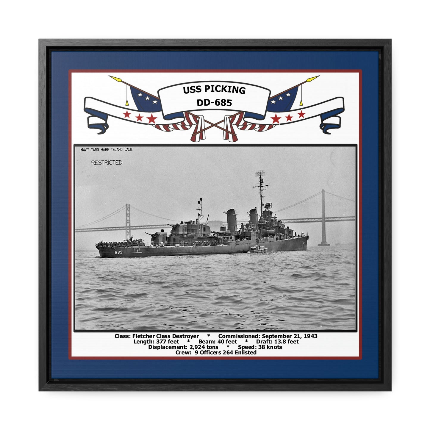 USS Picking DD-685 Navy Floating Frame Photo Front View