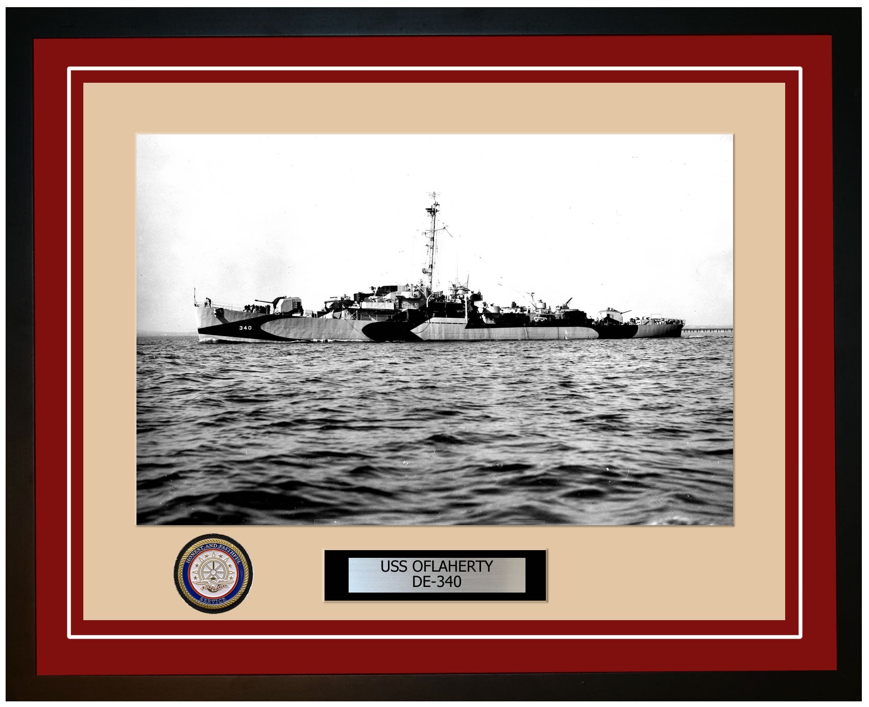 USS O'Flaherty DE-340 Framed Navy Ship Photo Burgundy