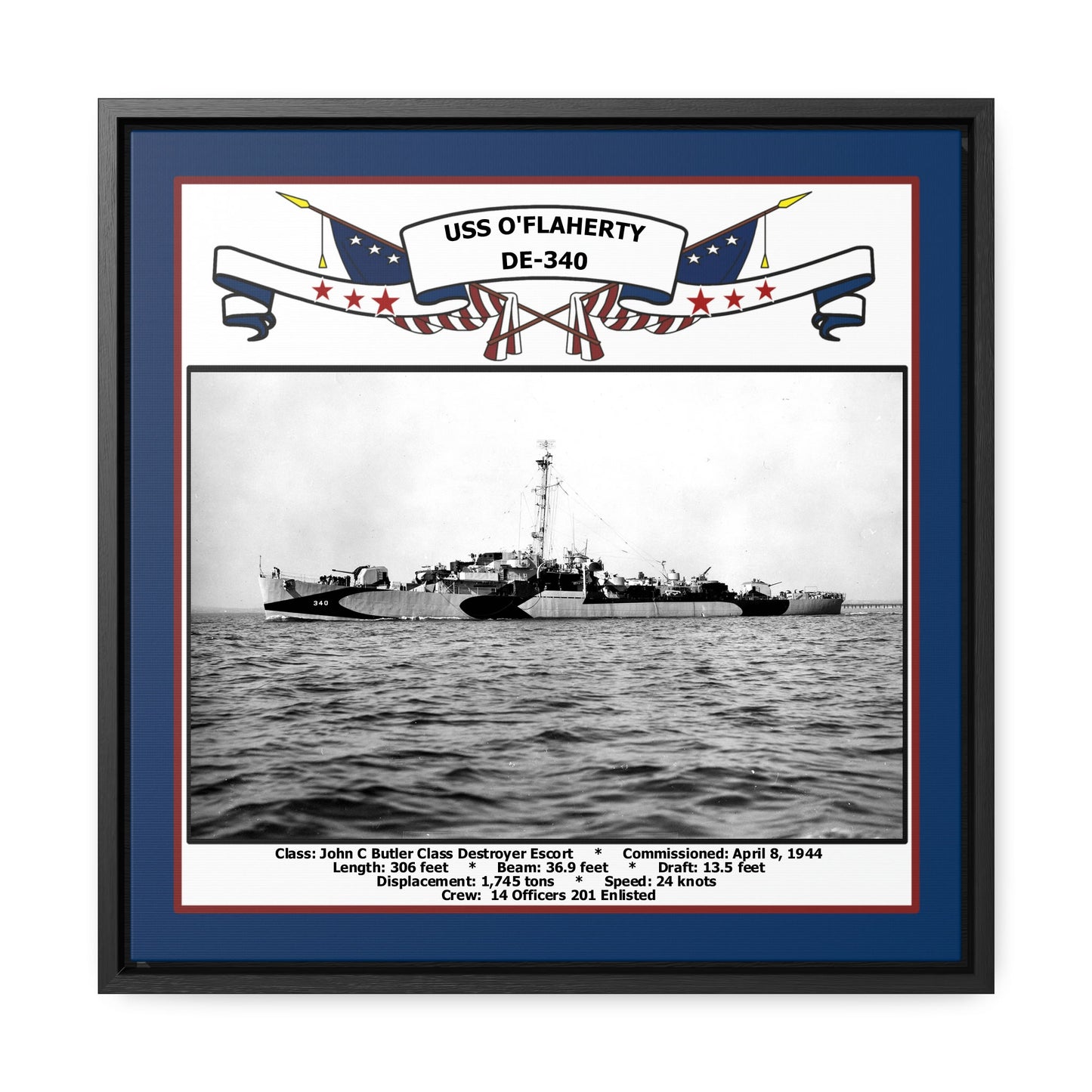 USS Oflaherty DE-340 Navy Floating Frame Photo Front View