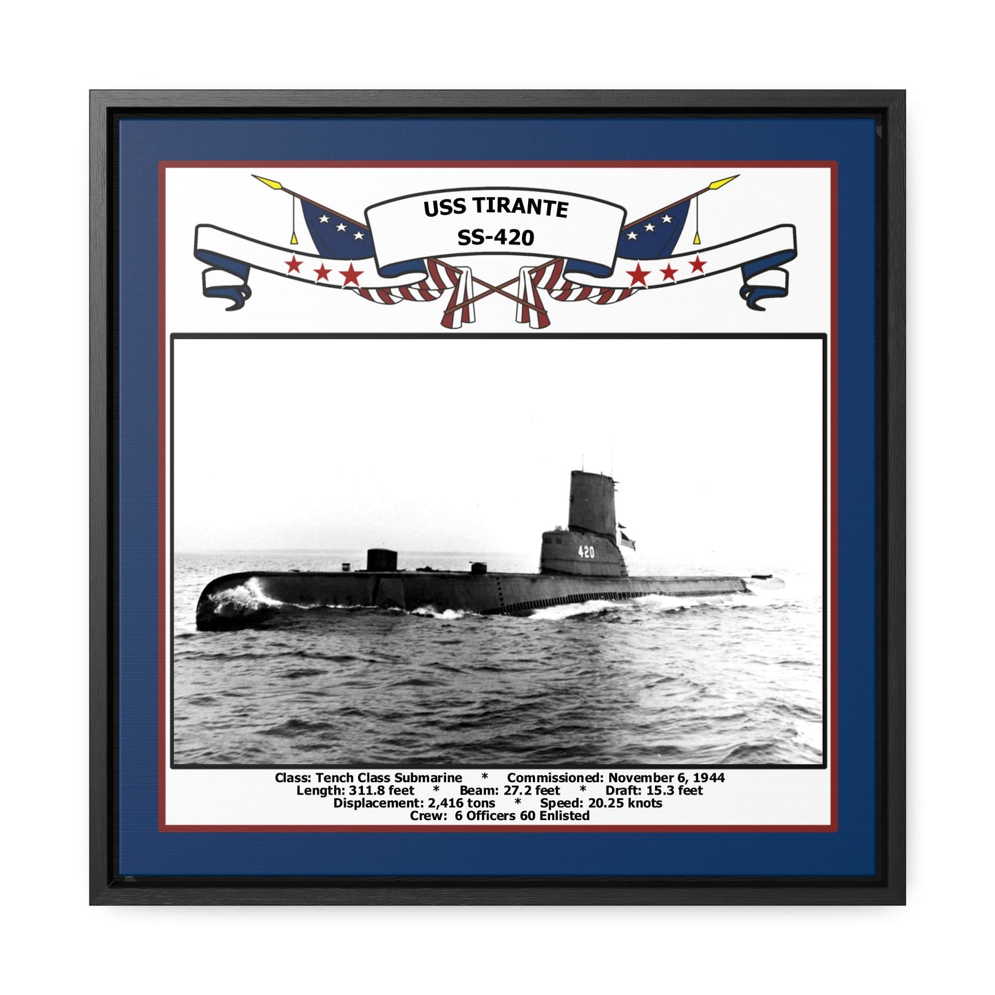 USS Tirante SS-420 Navy Floating Frame Photo Front View
