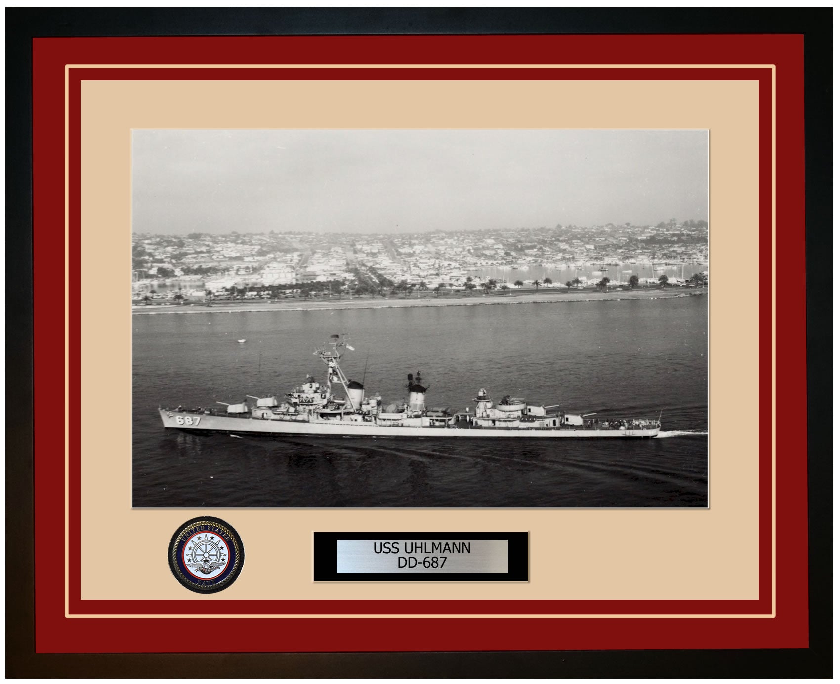 USS UHLMANN DD-687 Framed Navy Ship Photo Burgundy