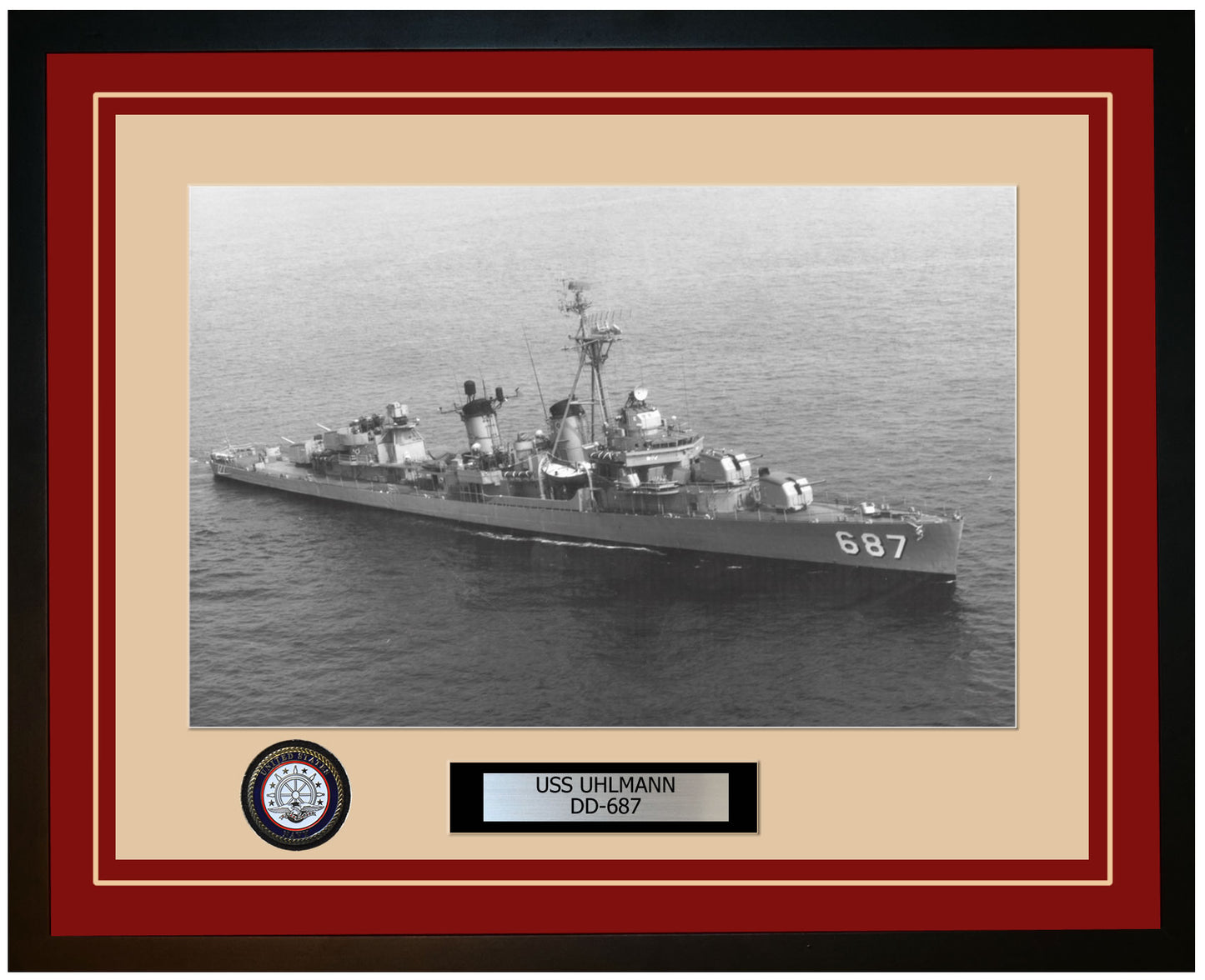 USS UHLMANN DD-687 Framed Navy Ship Photo Burgundy