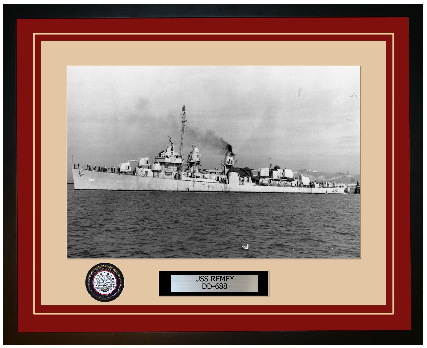 USS REMEY DD-688 Framed Navy Ship Photo Burgundy