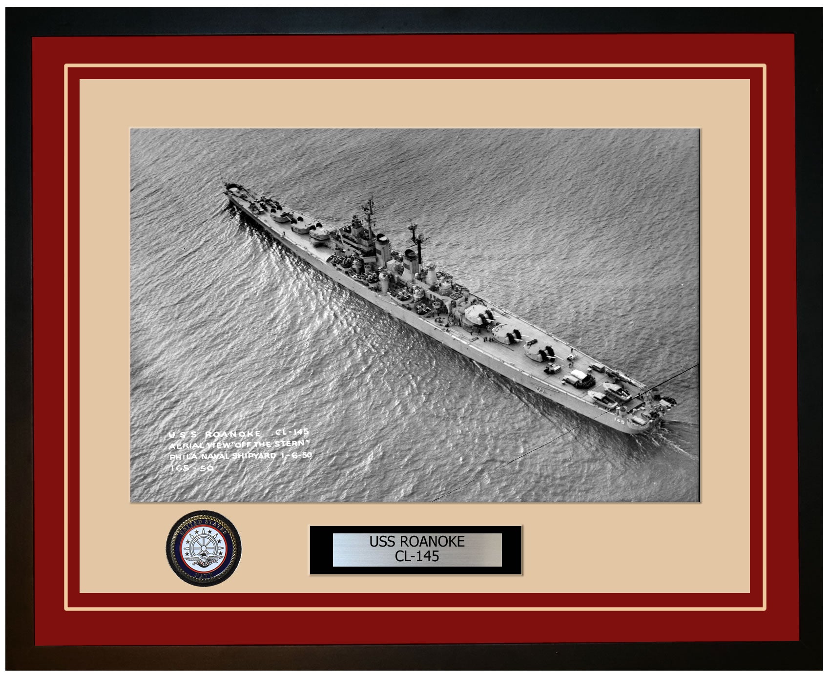 USS ROANOKE CL-145 Framed Navy Ship Photo Burgundy