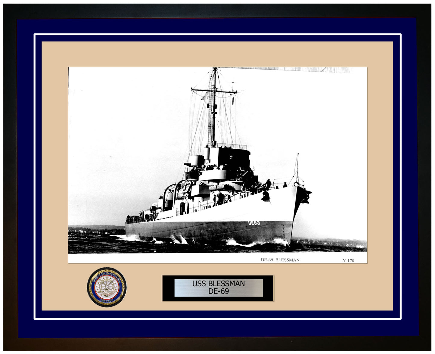 USS Blessman DE-69 Framed Navy Ship Photo Blue