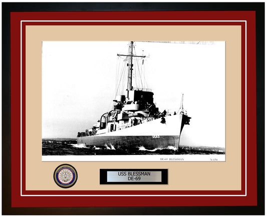 USS Blessman DE-69 Framed Navy Ship Photo Burgundy