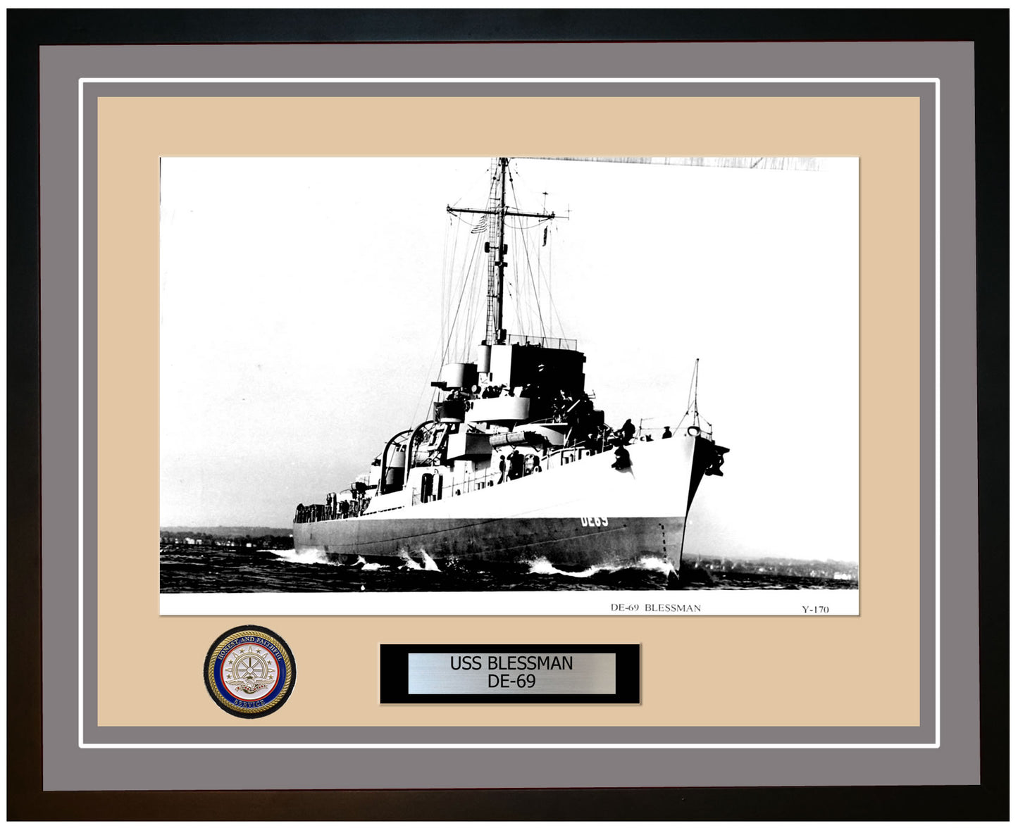 USS Blessman DE-69 Framed Navy Ship Photo Grey